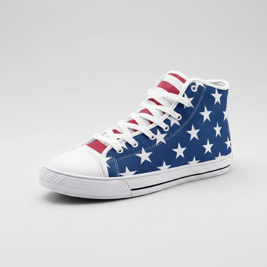 Freaky Shoes® Stars & Stripes high-top canvas sneakers featuring a blue base with white stars and red tongue detail.