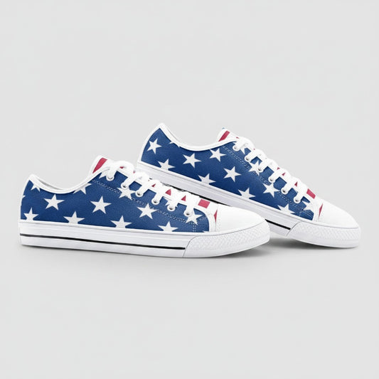 Freaky Shoes® low-top canvas sneakers featuring a blue background with white stars and red stripes pattern