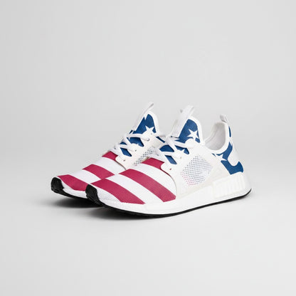 Freaky Shoes® Stars & Stripes high-top canvas sneakers featuring a red, white, and blue American flag star pattern.