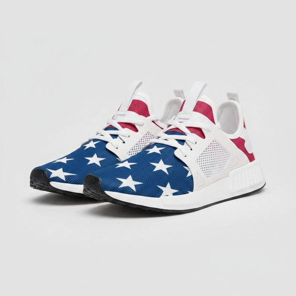 Freaky Shoes® Stars & Stripes high-top canvas sneakers featuring a blue star pattern, white mesh, and red accents.
