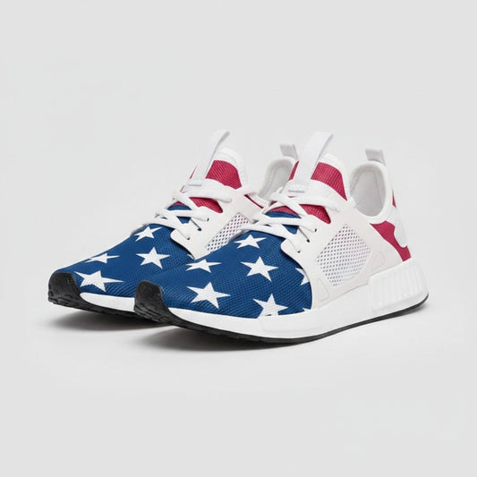 Freaky Shoes® Stars & Stripes high-top canvas sneakers featuring a blue star pattern, white mesh, and red accents.