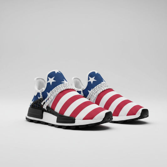 Freaky Shoes® Stars & Stripes high-top sneakers featuring a red, white, and blue American flag pattern on canvas.