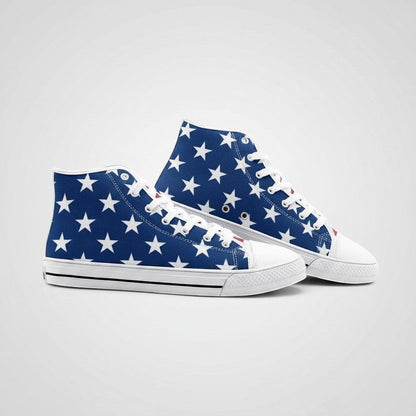 Freaky Shoes® Stars & Stripes high-top canvas sneakers featuring a blue background with white star pattern