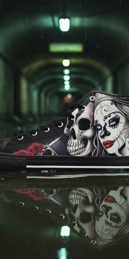Women's Woman & Skulls custom high-top canvas shoes — wearable art by Freaky Shoes