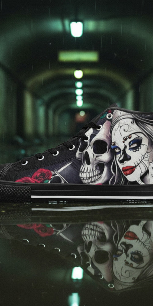 Freaky Shoes® high-top canvas sneakers featuring a sugar skull woman and rose print on a black background.