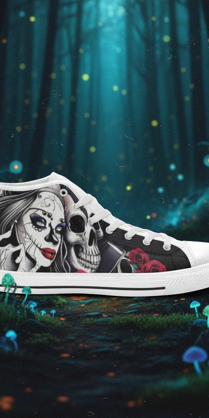 Women's Skulls custom high-top canvas shoes — wearable art by Freaky Shoes