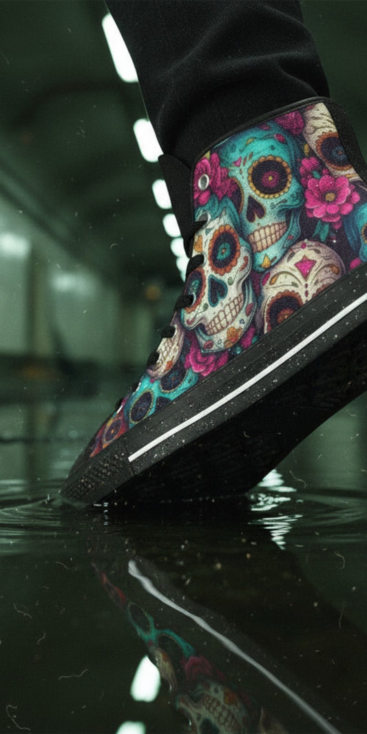 Vibrant Gold Sugar Skull Art | Women's High Top Canvas | Freaky Shoes®