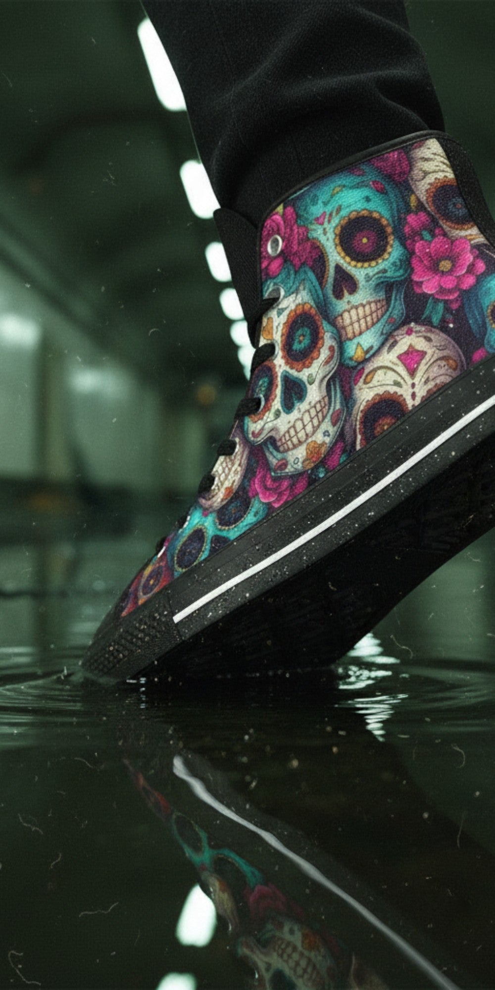 Freaky Shoes® men's high top canvas sneakers featuring a colorful folk art gold sugar skull print in a wet tunnel.