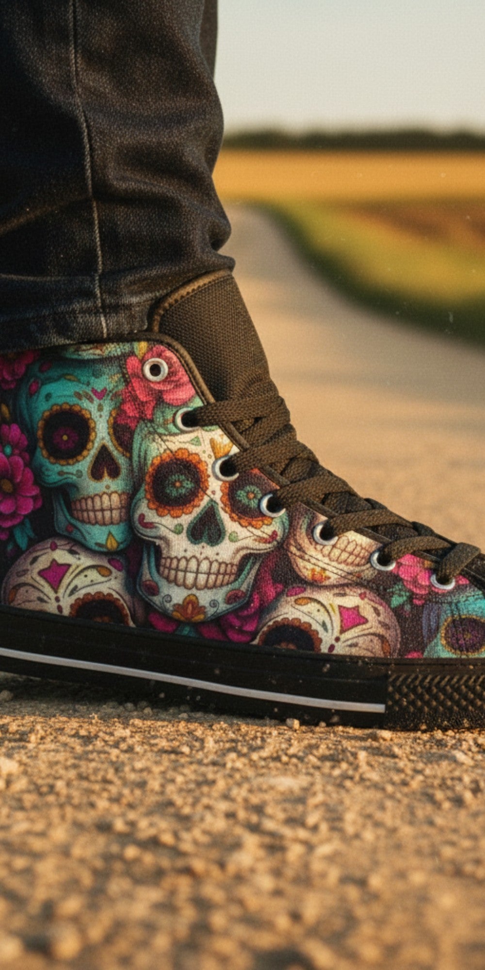 Freaky Shoes® men's high top canvas sneakers featuring a colorful folk art sugar skull print on a dirt path.