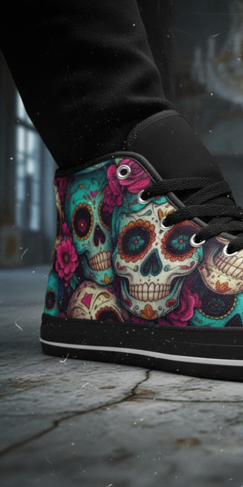 Vibrant Gold Sugar Skull Art | Women's High Top Canvas | Freaky Shoes®