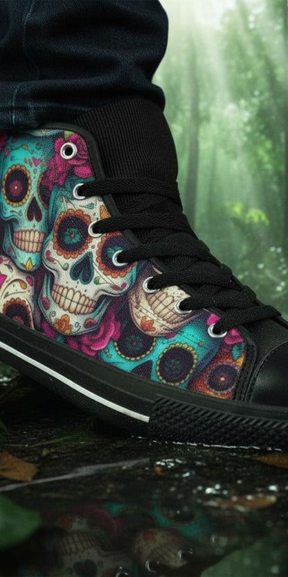 Freaky Shoes® men's high top canvas sneakers featuring a colorful folk art gold sugar skull print in a forest setting.