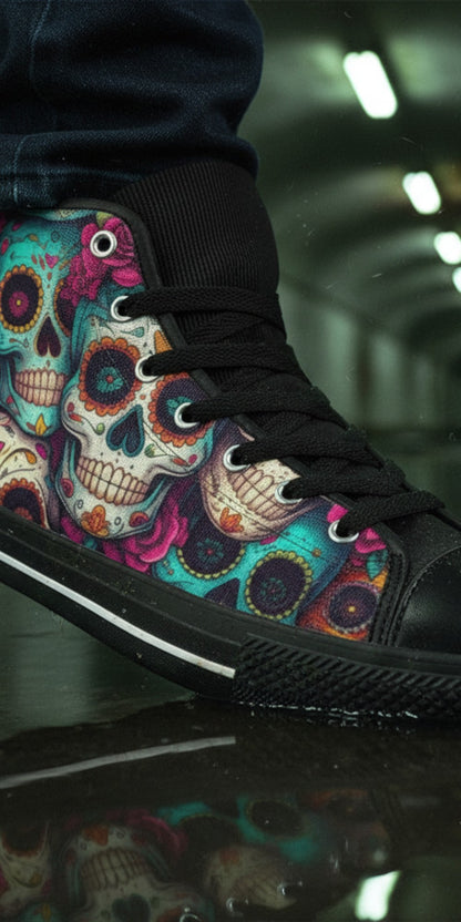 Freaky Shoes® men's high top canvas sneakers featuring a colorful gold sugar skull folk art print on a dark background