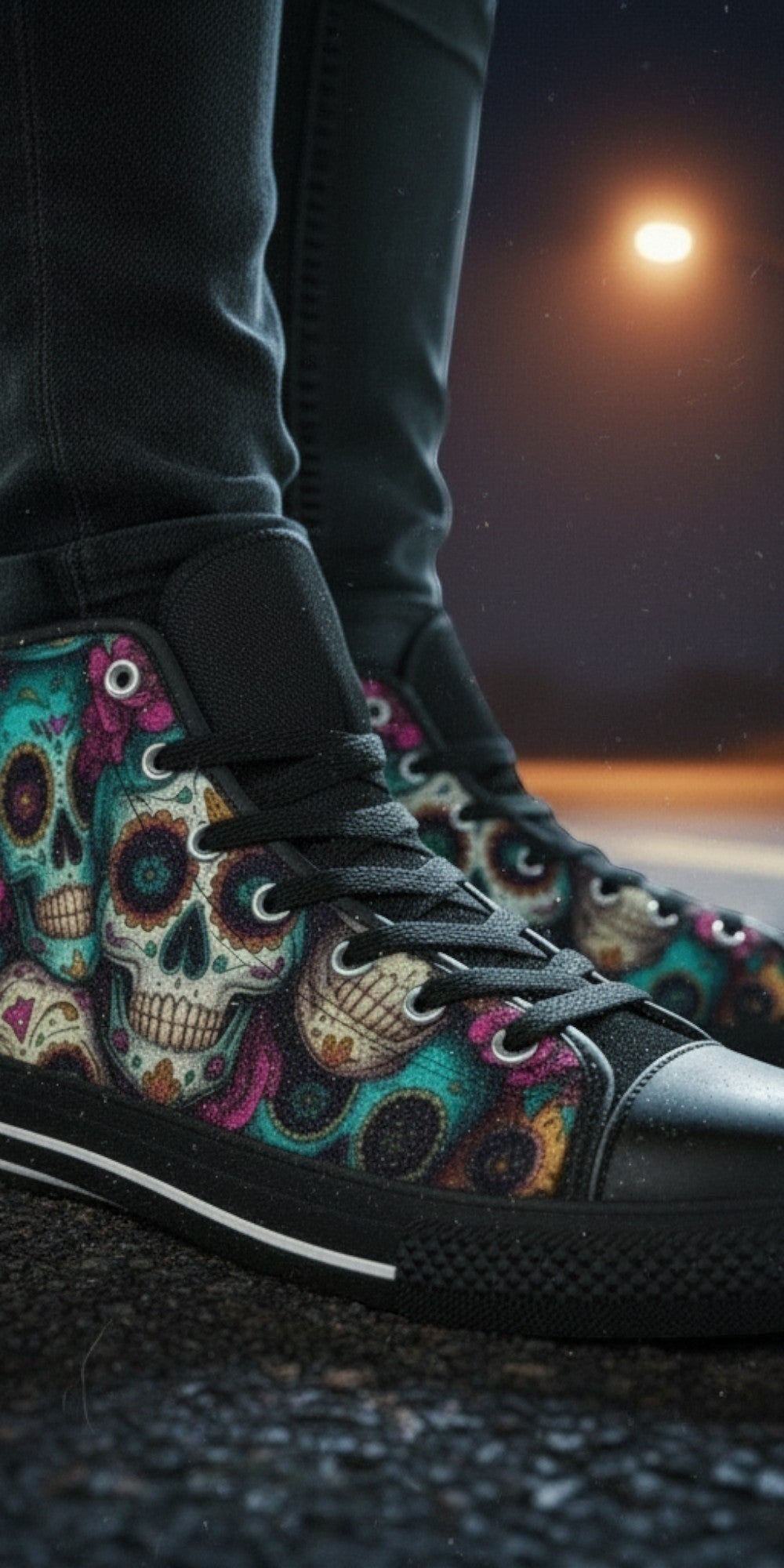 Women's Sugar Skull Dark Art high-top canvas shoes — one-of-a-kind custom printed art, Freaky Shoes