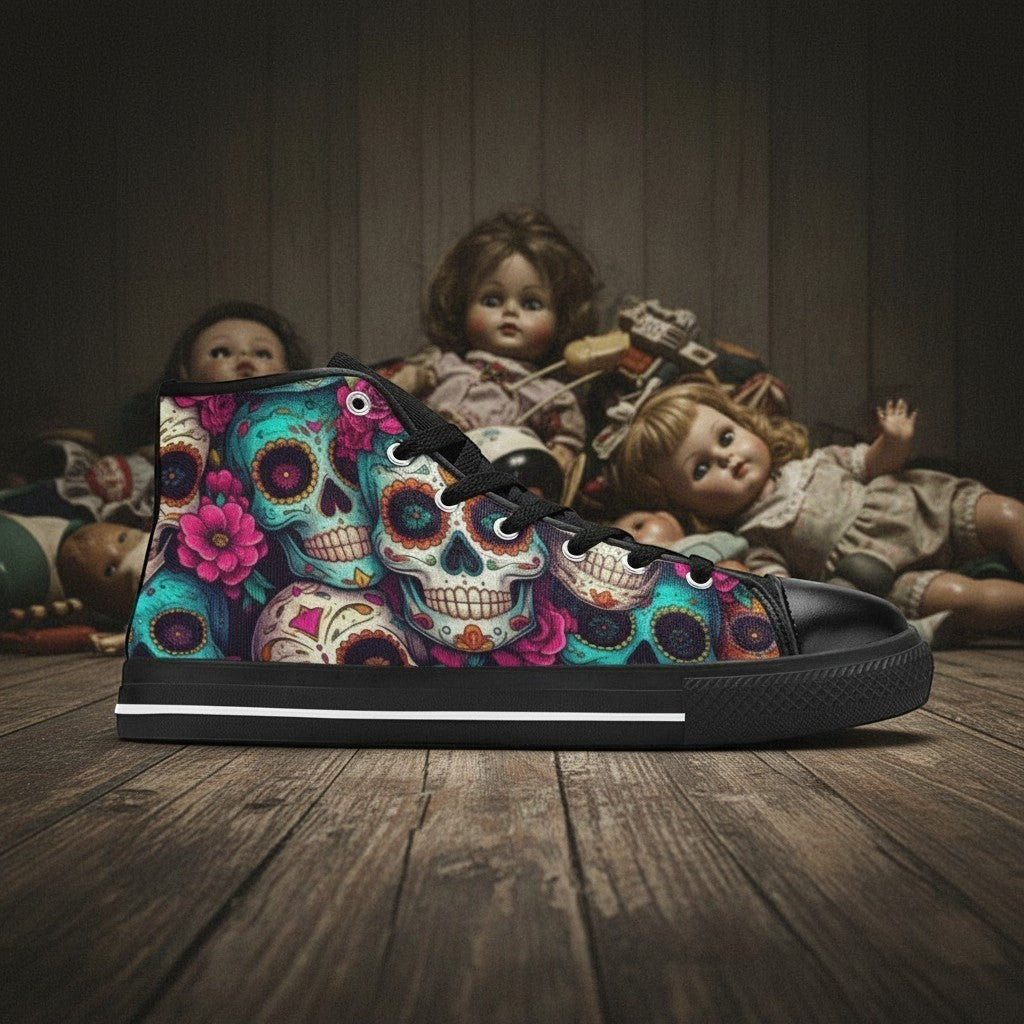 Freaky Shoes® men's high-top canvas sneakers featuring a vibrant, colorful sugar skull and floral dark art print.