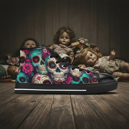 Freaky Shoes® men's high-top canvas sneakers featuring a vibrant, colorful sugar skull and floral dark art print.
