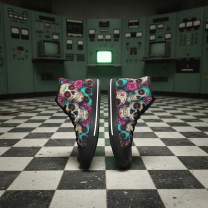 Freaky Shoes® women's high-top canvas sneakers featuring a vibrant, colorful sugar skull and floral dark art print.
