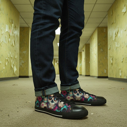 Freaky Shoes® women's high-top canvas sneakers featuring a vibrant, colorful sugar skull art print in a hallway.