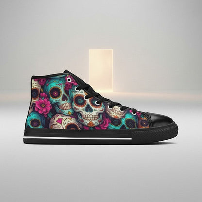 Freaky Shoes® women's high-top canvas sneakers featuring a vibrant, colorful sugar skull and floral dark art print.