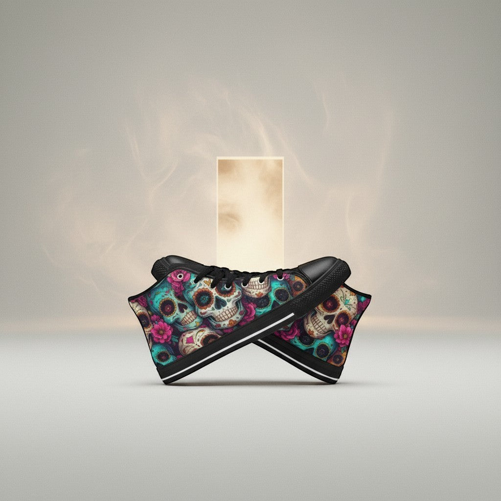 Freaky Shoes® women's high-top canvas sneakers featuring a vibrant, colorful sugar skull and floral dark art print.