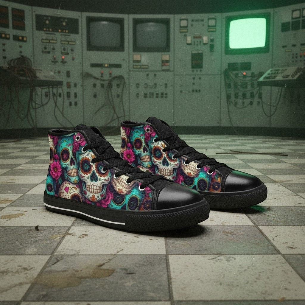 Freaky Shoes® high-top canvas sneakers featuring a vibrant, colorful sugar skull and floral dark art print.