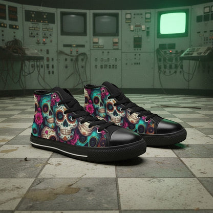 Freaky Shoes® high-top canvas sneakers featuring a vibrant, colorful sugar skull and floral dark art print.