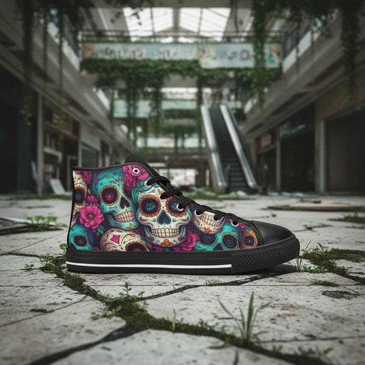 Freaky Shoes® men's high-top canvas sneakers featuring a vibrant, colorful sugar skull dark art print.