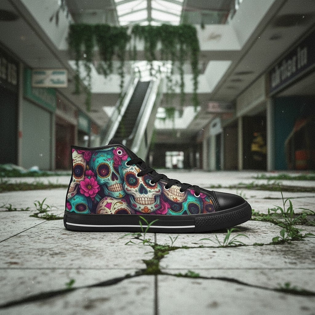 Freaky Shoes® high-top canvas sneakers featuring a vibrant, multi-colored sugar skull dark art print on a black base.