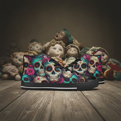 Freaky Shoes® high-top canvas sneakers featuring a vibrant, colorful sugar skull dark art print on a wooden floor.