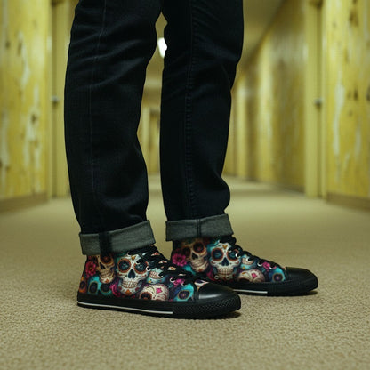 Freaky Shoes® women's high-top canvas sneakers featuring a vibrant, colorful sugar skull dark art print.