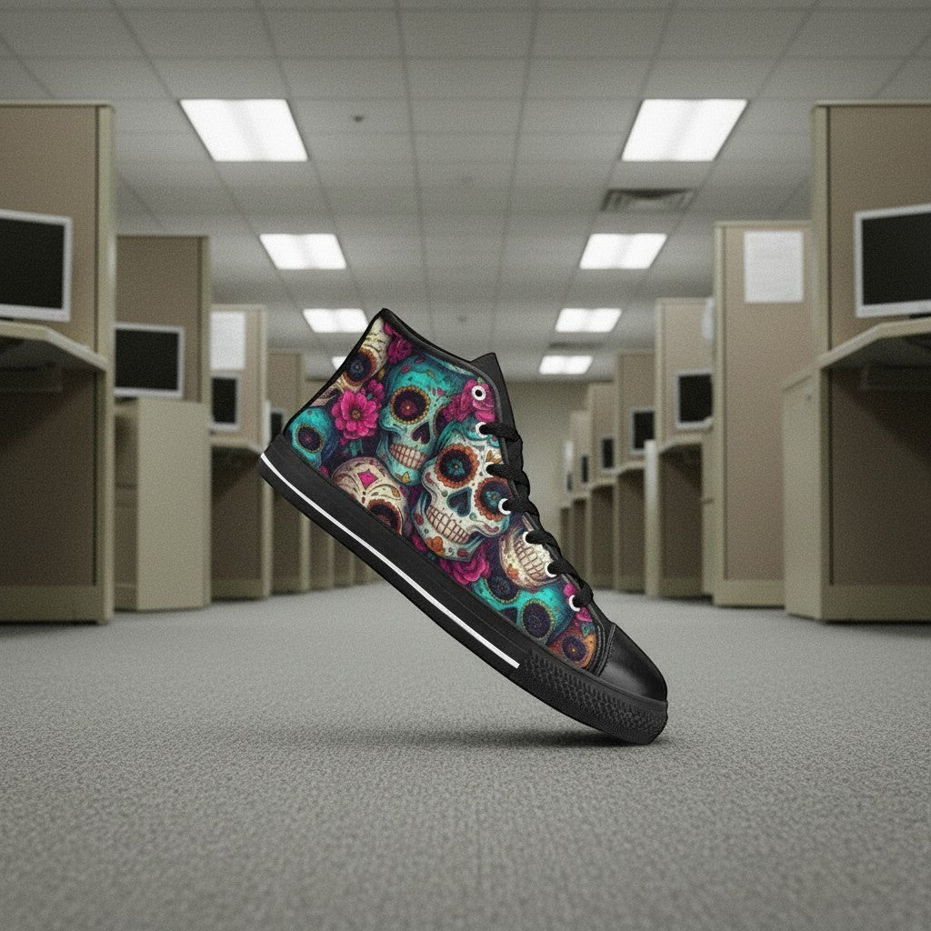 Freaky Shoes® men's high-top canvas sneakers featuring a vibrant, colorful sugar skull and floral dark art print.