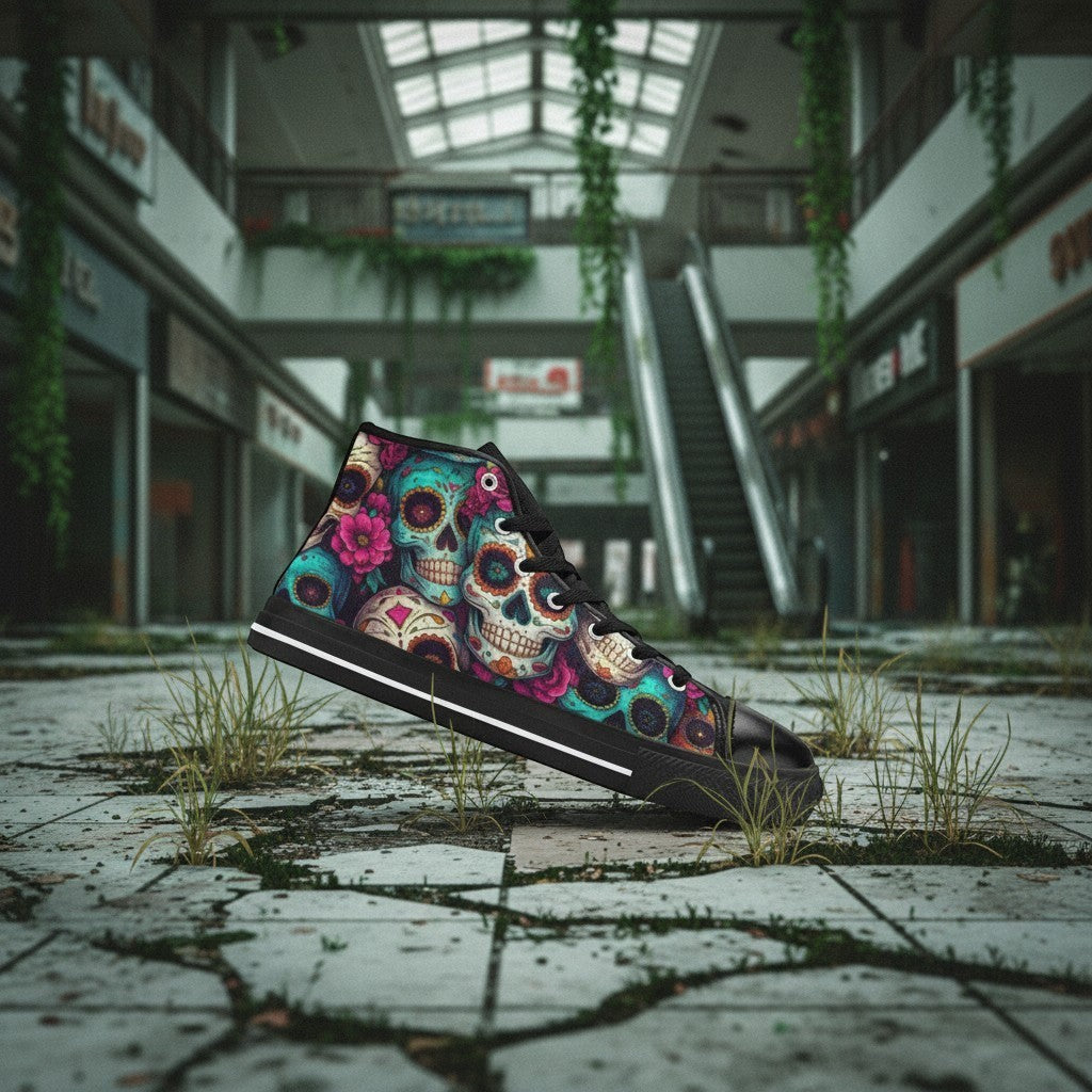 Freaky Shoes® high-top canvas sneakers featuring vibrant sugar skull dark art in an abandoned mall setting.