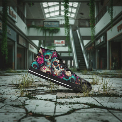 Freaky Shoes® high-top canvas sneakers featuring vibrant sugar skull dark art in an abandoned mall setting.