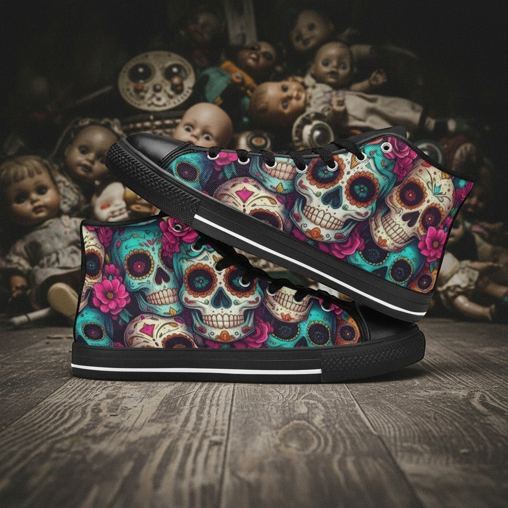 Freaky Shoes high-top canvas sneakers featuring a vibrant, multi-colored sugar skull dark art print
