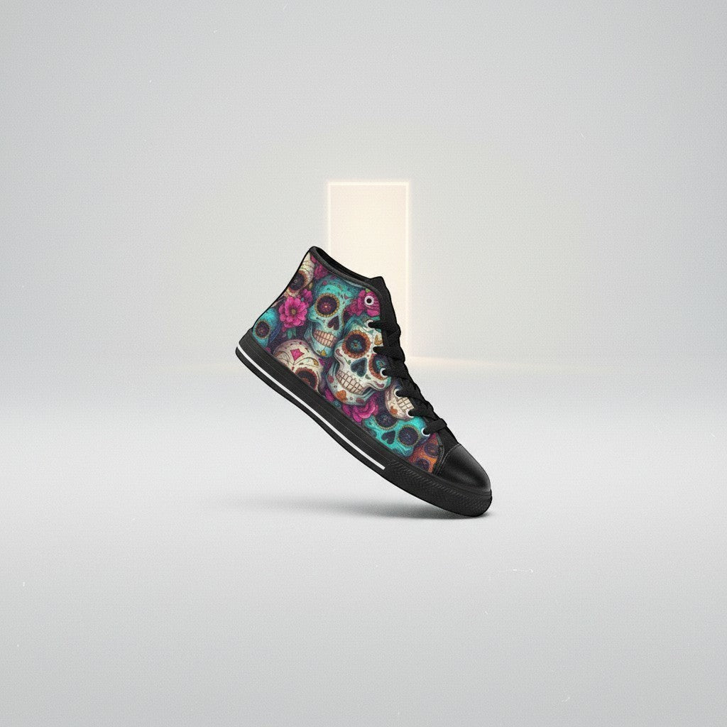 Freaky Shoes® women's high-top canvas sneakers featuring a vibrant, colorful sugar skull dark art print.