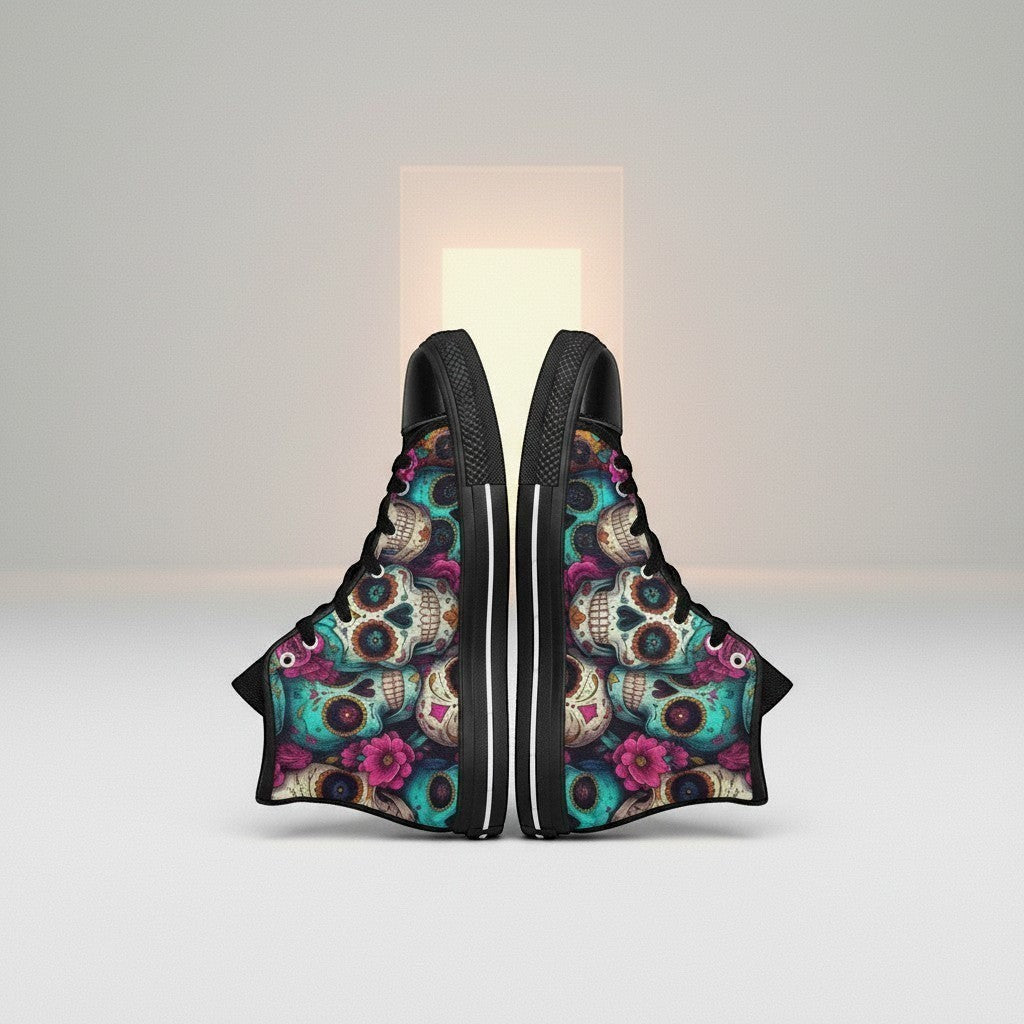 Freaky Shoes® women's high-top canvas sneakers featuring a vibrant sugar skull and floral dark art print.