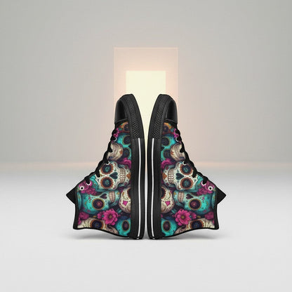 Freaky Shoes® women's high-top canvas sneakers featuring a vibrant sugar skull and floral dark art print.