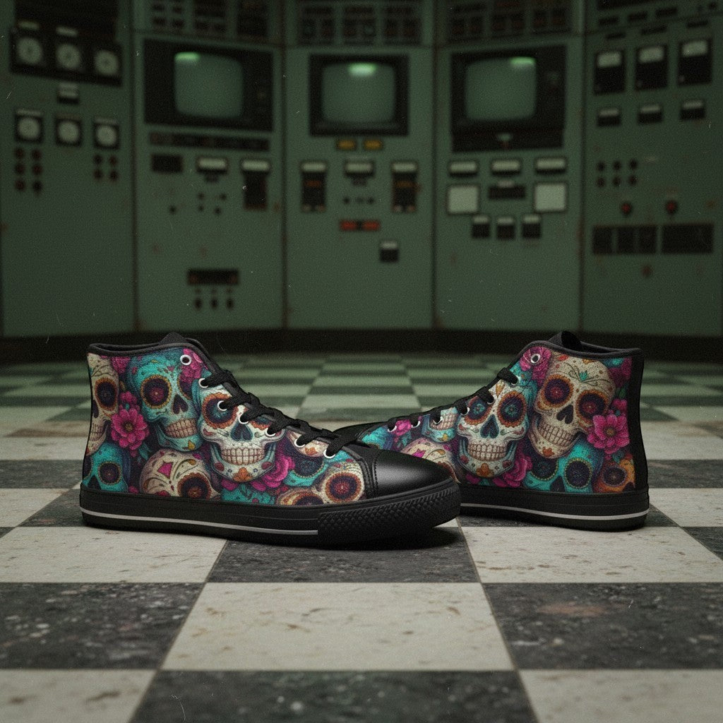 Freaky Shoes® women's high-top canvas sneakers featuring a vibrant, colorful sugar skull and floral dark art print.