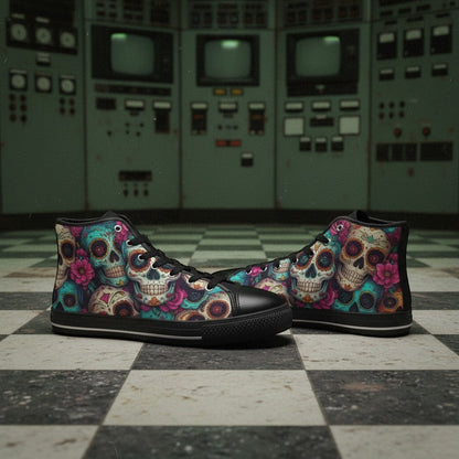 Freaky Shoes® women's high-top canvas sneakers featuring a vibrant, colorful sugar skull and floral dark art print.