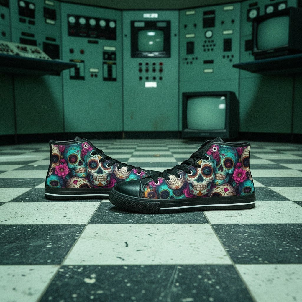 Freaky Shoes® women's high-top canvas sneakers featuring a vibrant, colorful sugar skull dark art print.