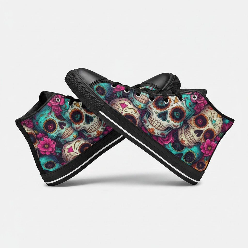 Freaky Shoes® women's high-top canvas sneakers featuring a vibrant, colorful sugar skull and floral dark art print.