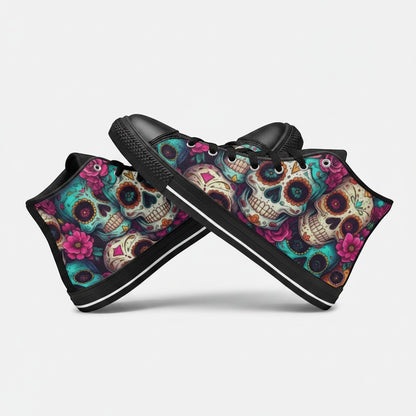 Freaky Shoes® women's high-top canvas sneakers featuring a vibrant, colorful sugar skull and floral dark art print.