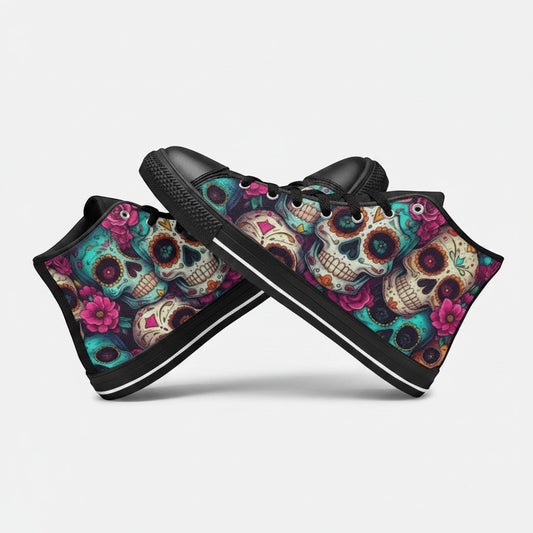 Freaky Shoes® women's high-top canvas sneakers featuring a vibrant, colorful sugar skull and floral dark art print.