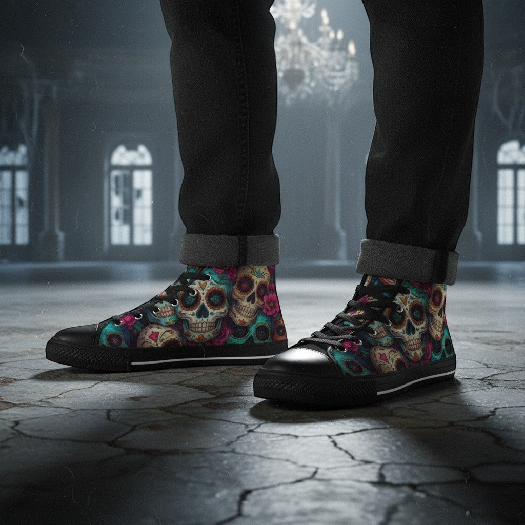 Freaky Shoes® men's high-top canvas sneakers featuring a vibrant, colorful sugar skull dark art print.