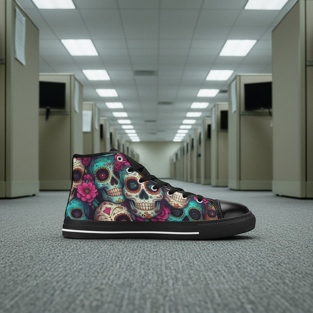 Freaky Shoes® men's high-top canvas sneakers featuring a vibrant, colorful sugar skull and floral dark art print.