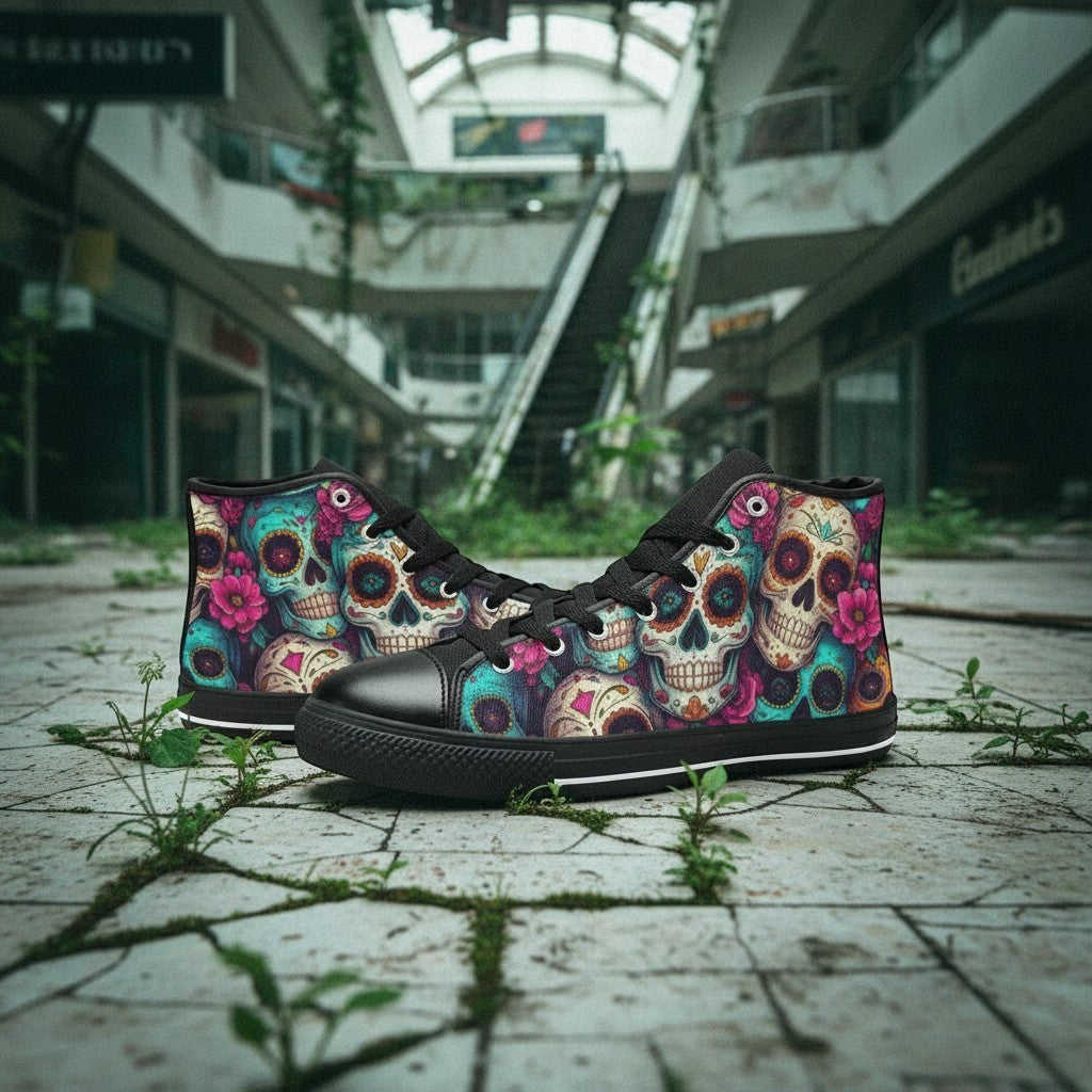 Freaky Shoes® men's high-top canvas sneakers featuring a vibrant, colorful sugar skull and floral dark art print.