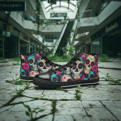 Freaky Shoes® men's high-top canvas sneakers featuring a vibrant, colorful sugar skull and floral dark art print.