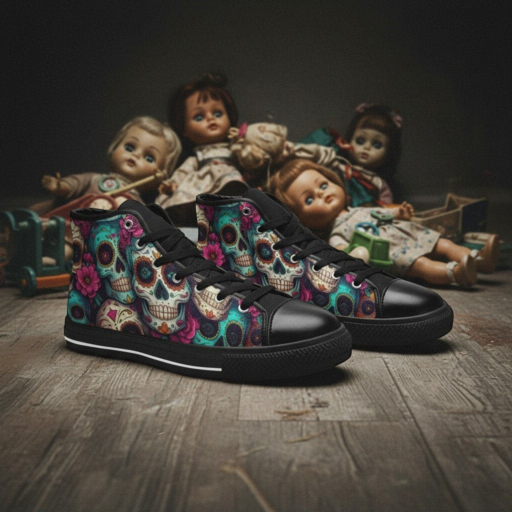 Freaky Shoes® men's high-top canvas sneakers featuring a vibrant, colorful sugar skull dark art print.