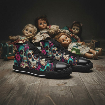 Freaky Shoes® men's high-top canvas sneakers featuring a vibrant, colorful sugar skull dark art print.