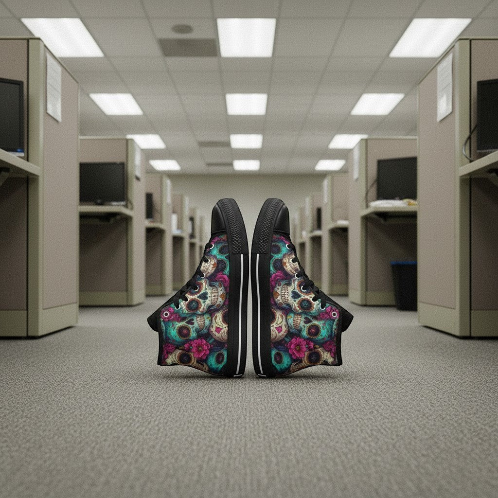 Freaky Shoes® men's high-top canvas sneakers featuring a vibrant, multi-colored sugar skull dark art print.