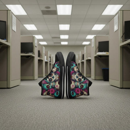Freaky Shoes® men's high-top canvas sneakers featuring a vibrant, multi-colored sugar skull dark art print.